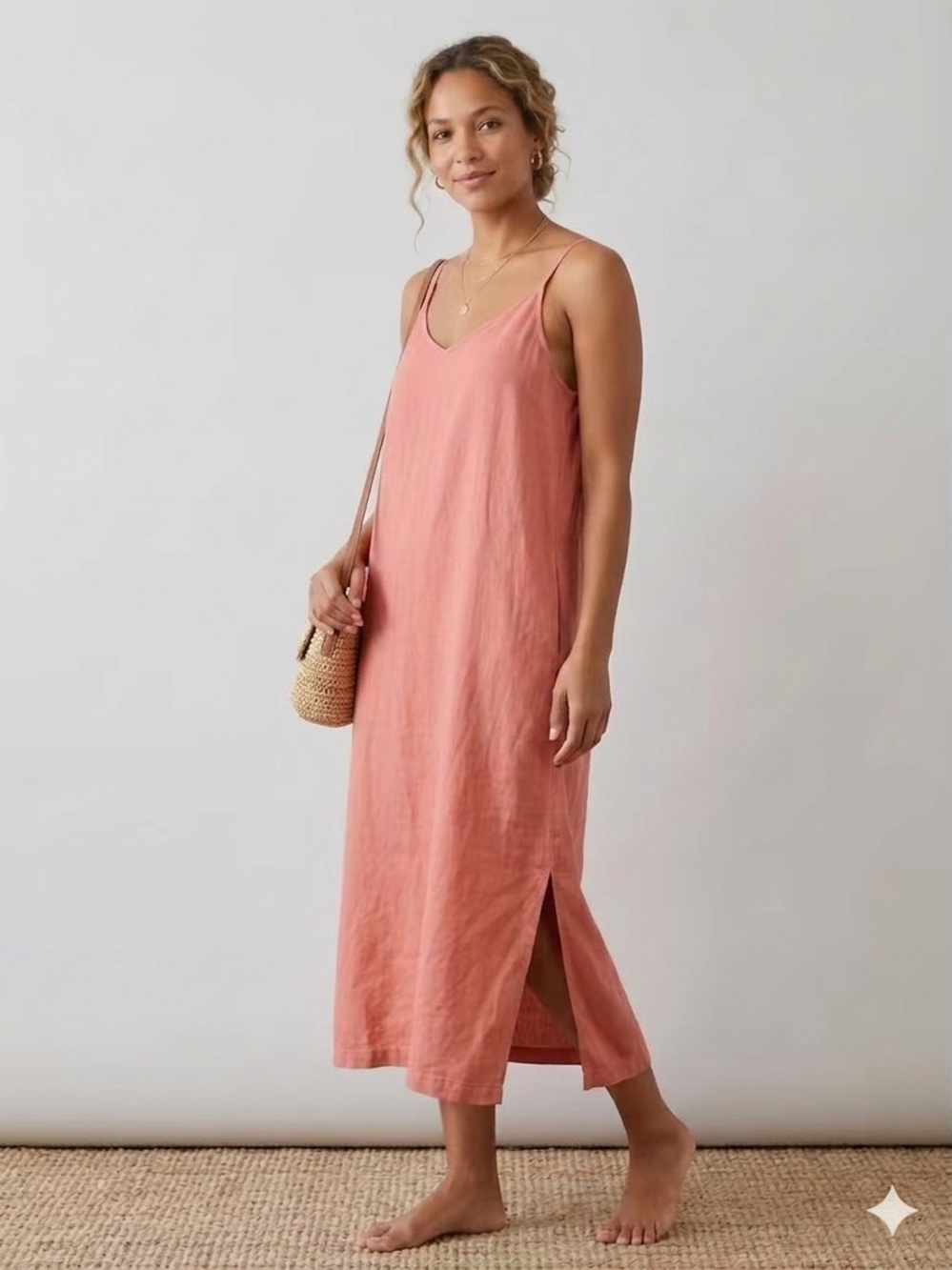 THREADS by BED THREADS 100% Linen Midi Slip Dress in Mauve- Size L